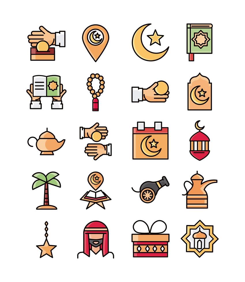 Eid Mubarak islamic celebration icon set vector