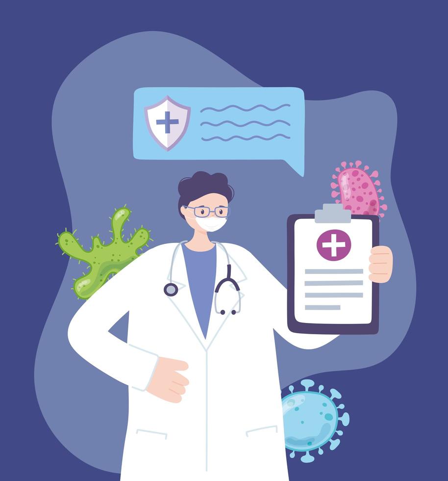 Doctor with face mask and coronavirus test results vector