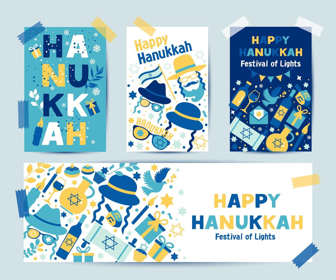 conjunto de colores cuatro tarjetas de felicitación de hanukkah vector