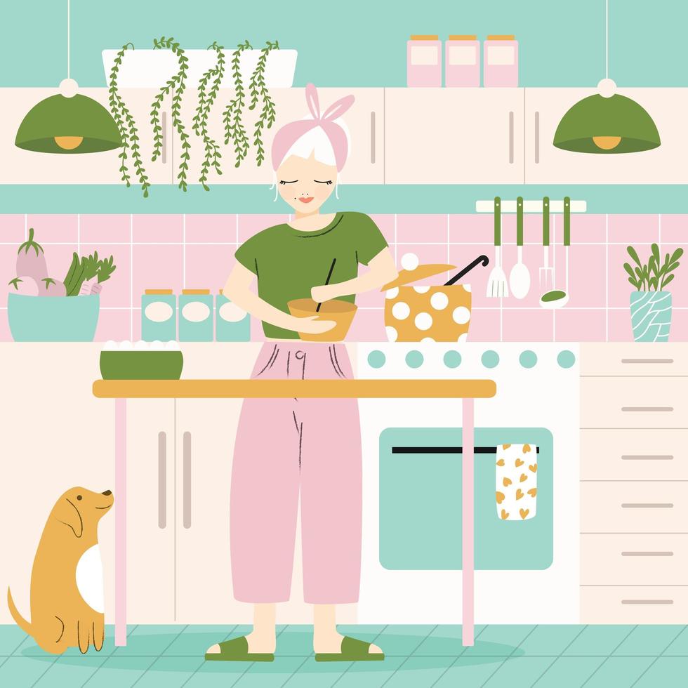 A woman in her kitchen with food and dog. vector