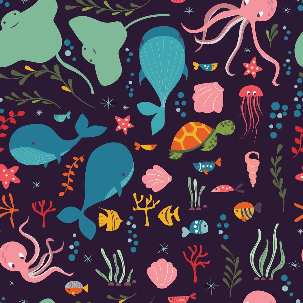Collection of colorful sea and ocean animals vector