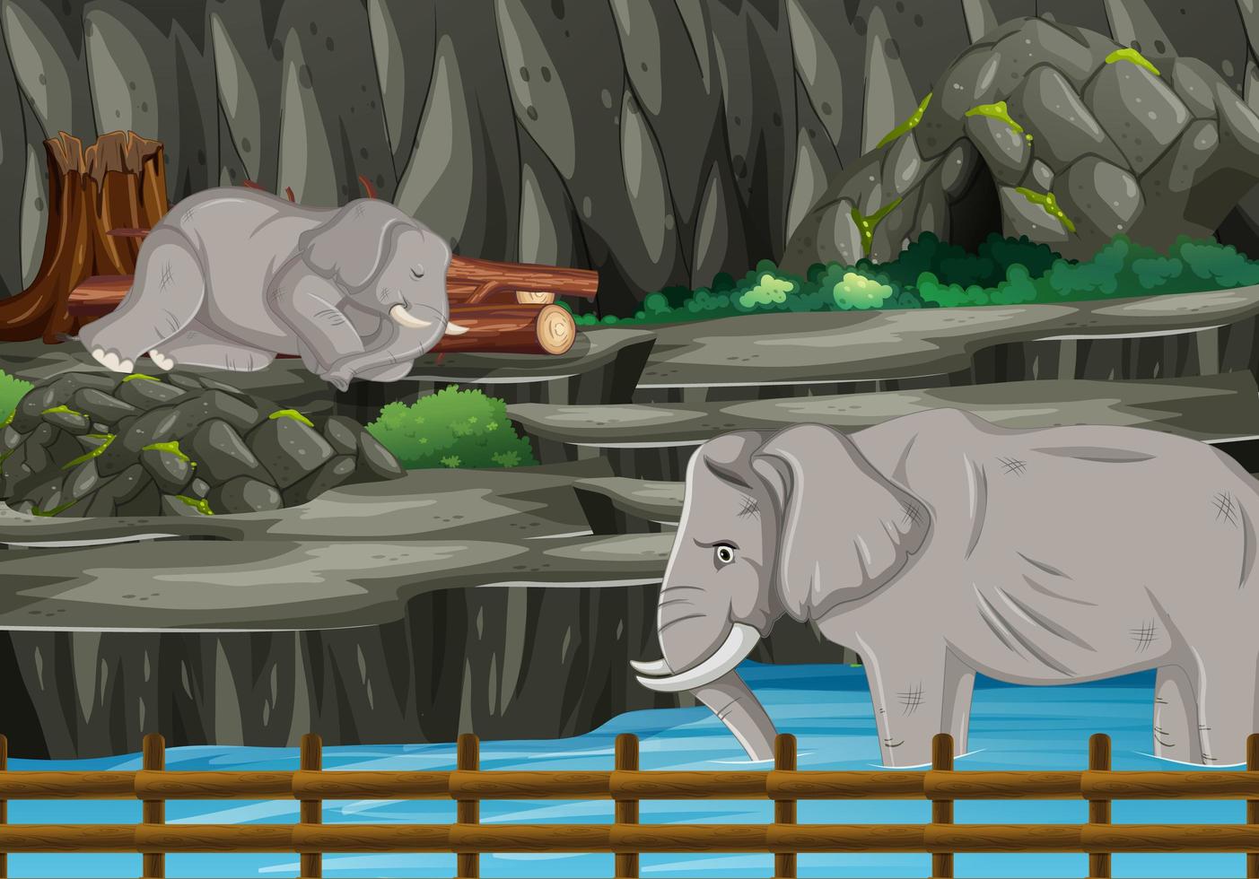 escena con dos elefantes en el zoológico. vector