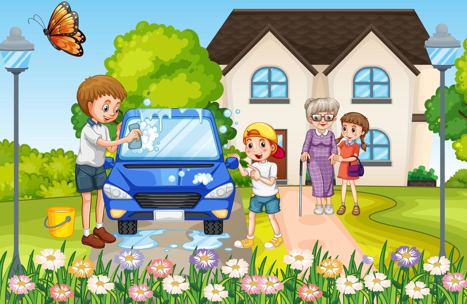 Happy family in front of the house vector