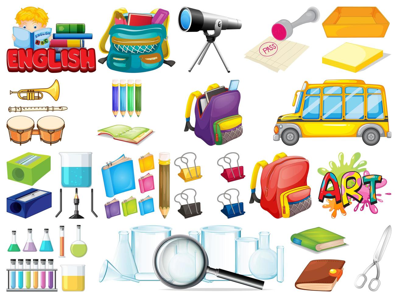 Large set of school items on white background vector