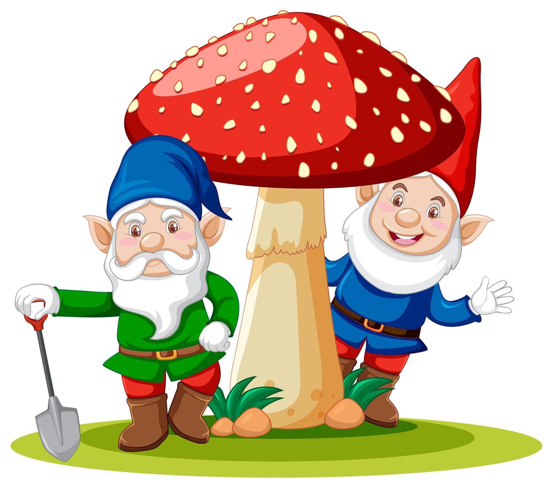 Gnomes standing with mushroom cartoon character on white background vector