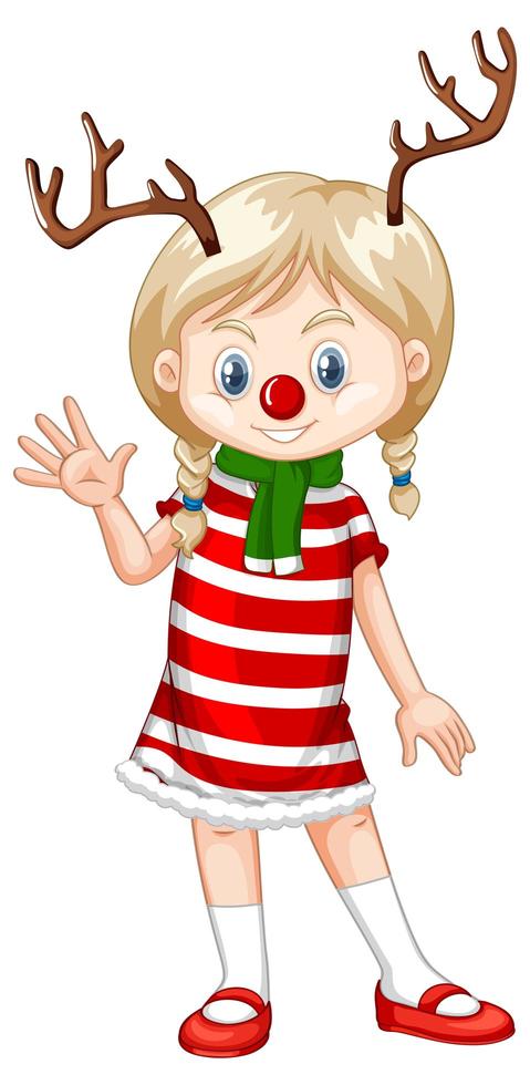 Girl wearing reindeer headband and red nose Christmas costume vector