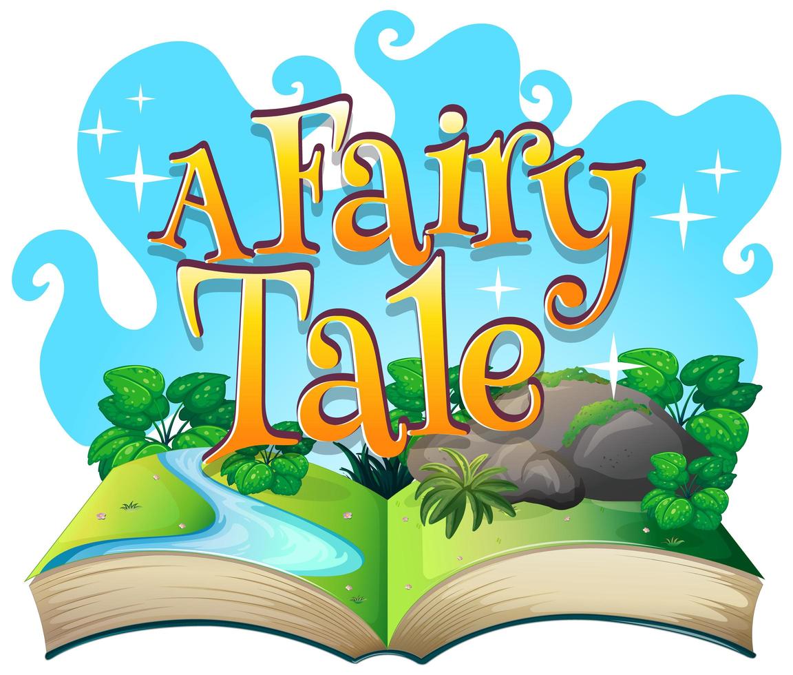 Font design for word a fairy tale with scene from a book vector