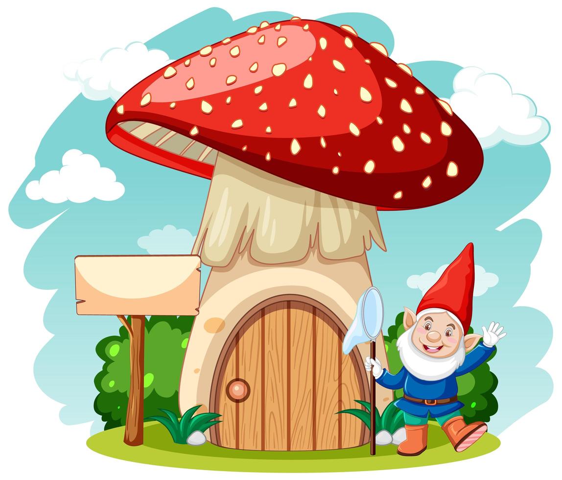 Gnomes and mushroom house cartoon style on white background vector