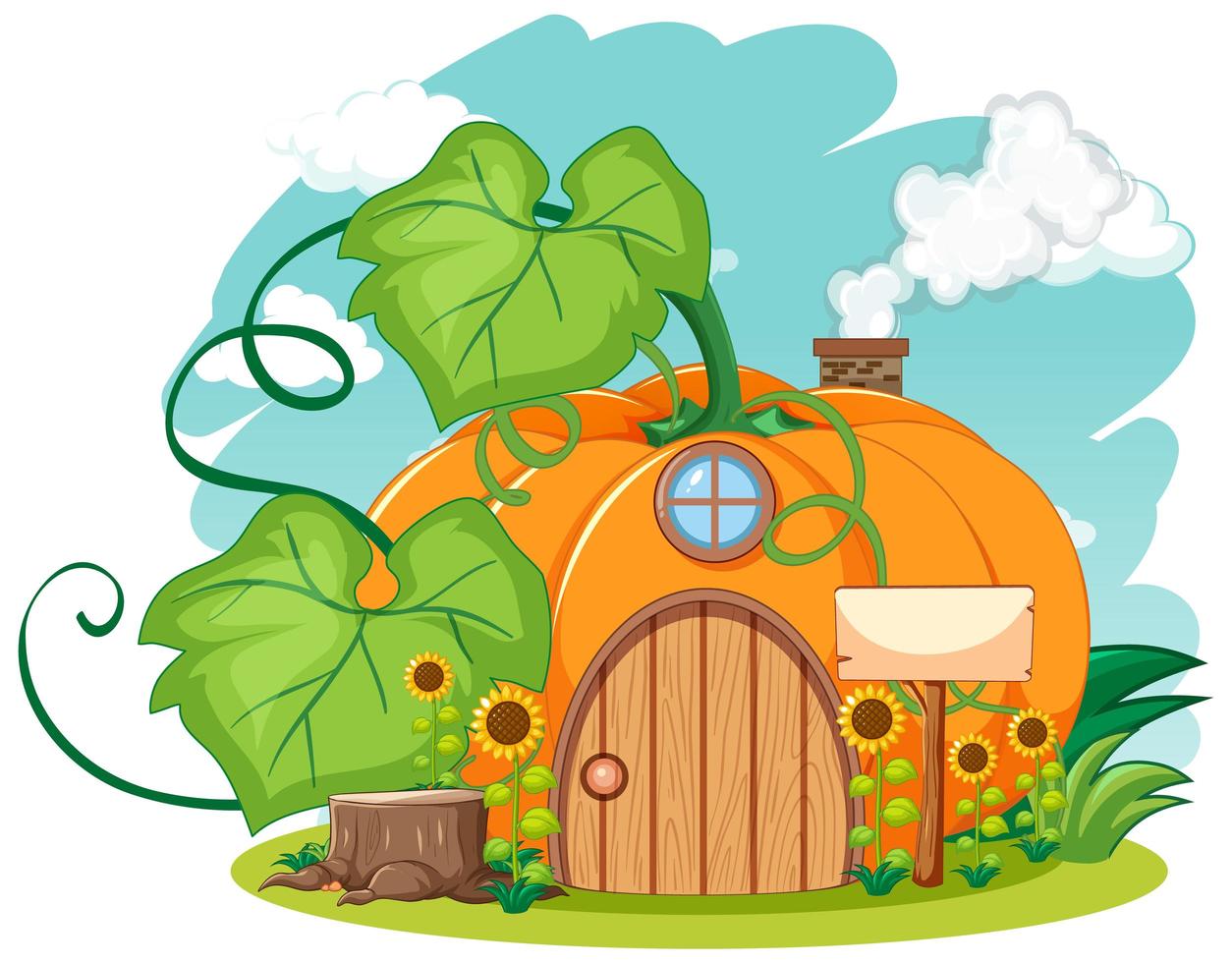 Pumpkin house with sunflower cartoon style on sky background vector