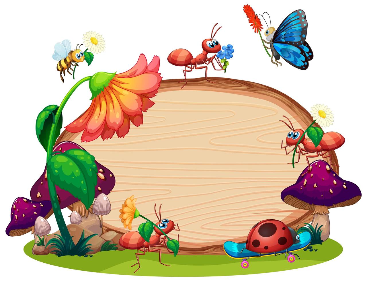 Border template design with insects in the garden background vector