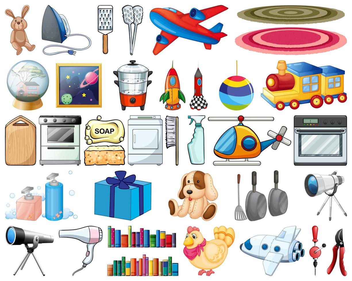 Large set of household items and toys on white background vector