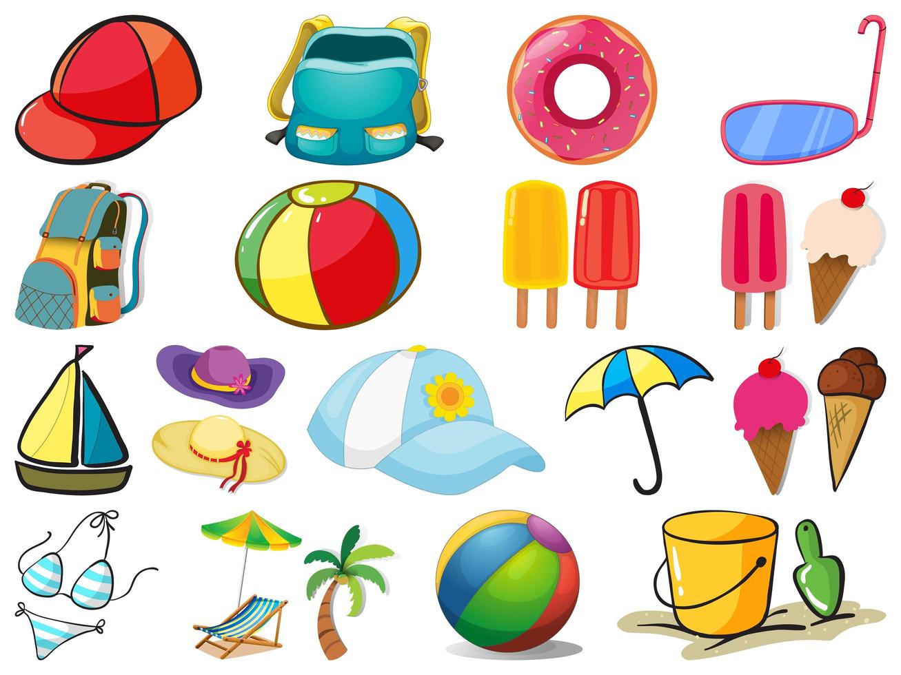 Large set of different summer objects on white background vector