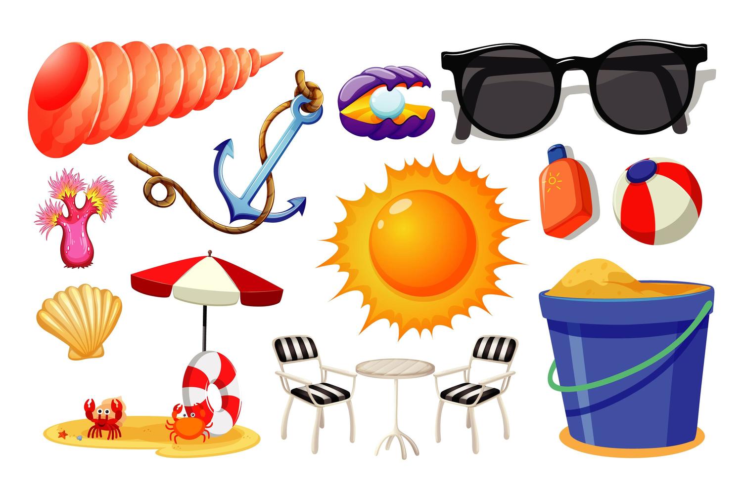 Conjunto de estilo de dibujos animados de icono de playa de verano sobre fondo blanco vector