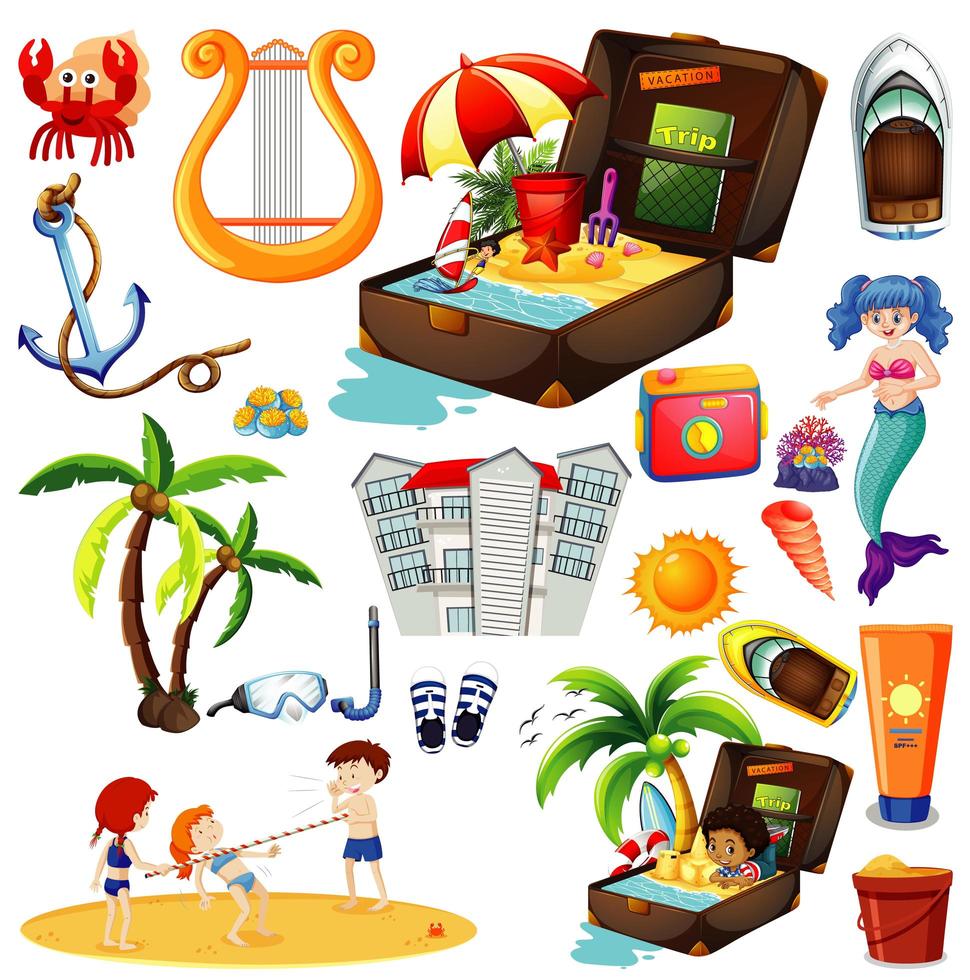 Set of summer beach icon and kids cartoon style on white background vector