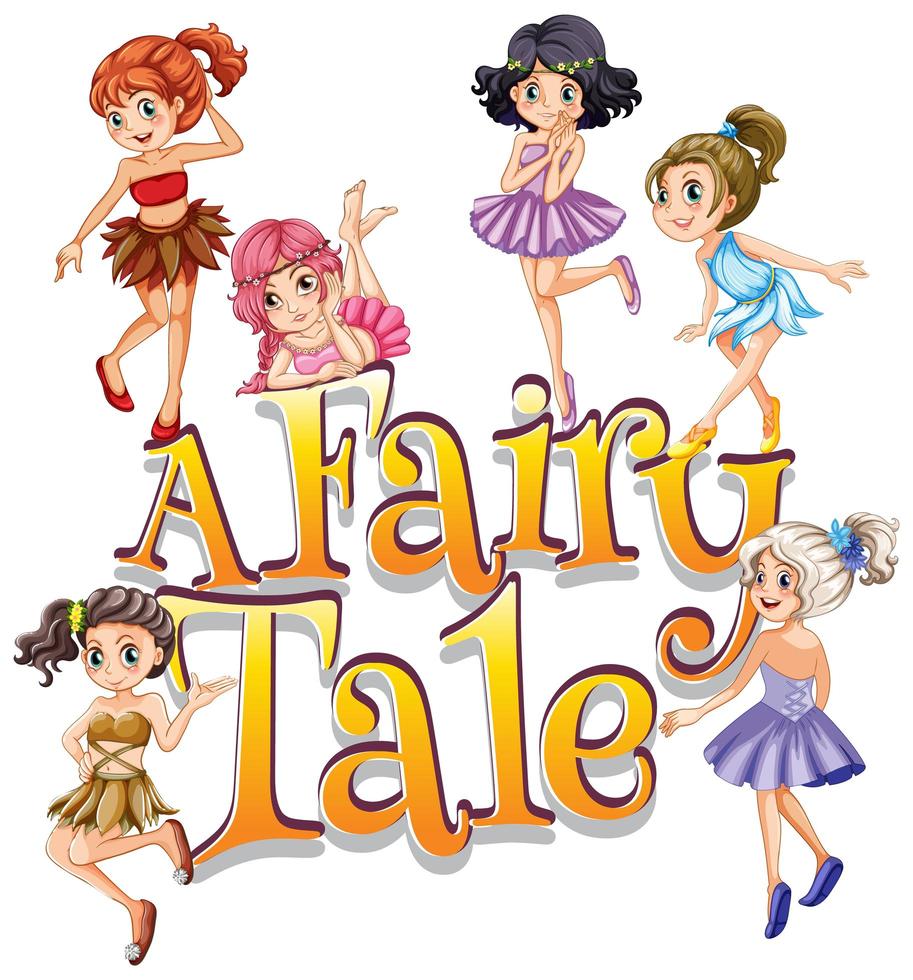 Font design for word a fairy tale with cute fairies vector