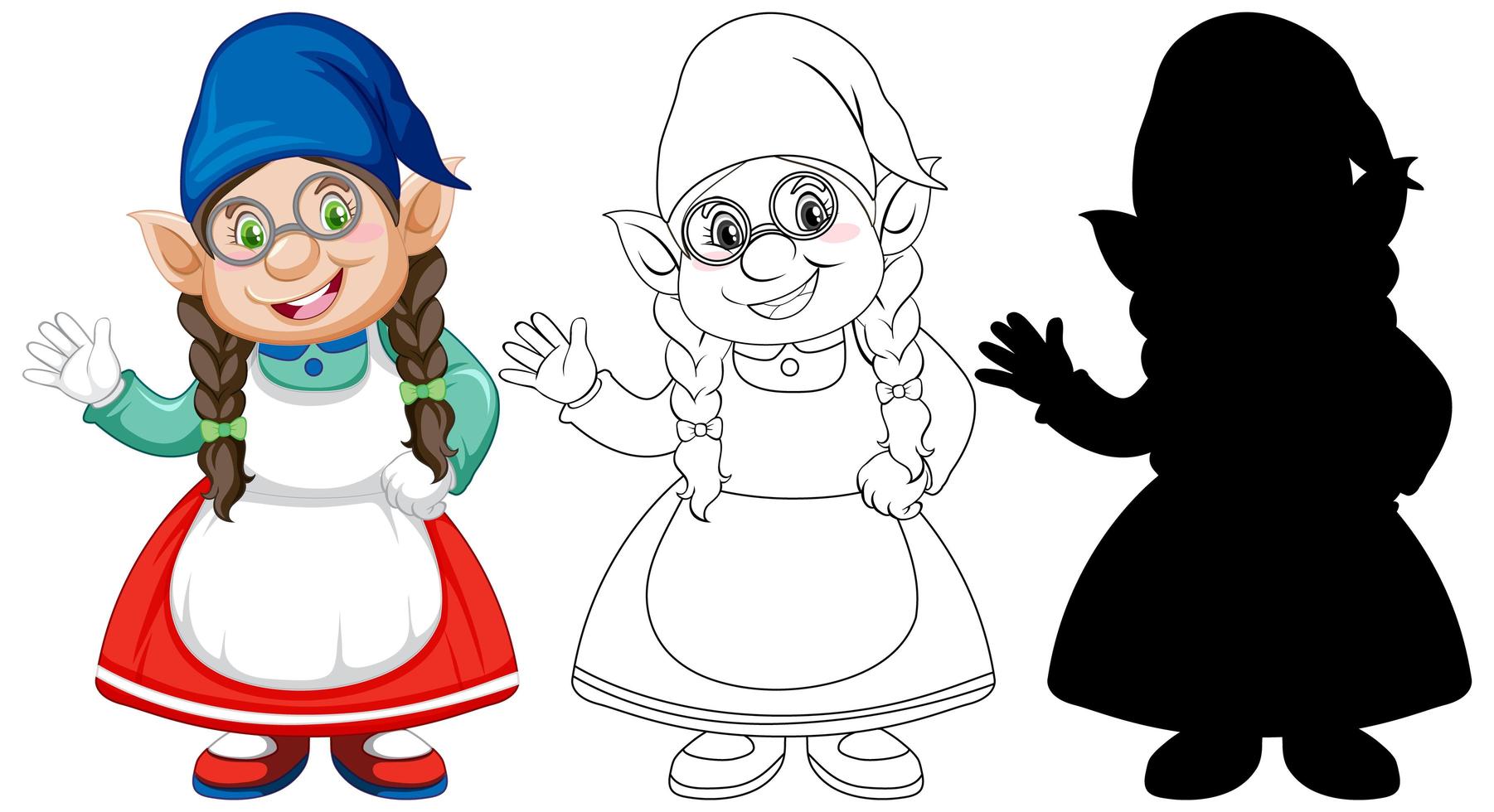 Gnome in color and outline and silhouette in cartoon character on white background vector