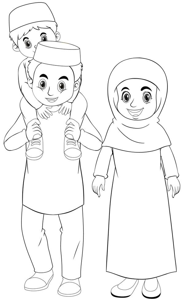 Familia musulmana árabe en contorno de ropa tradicional vector