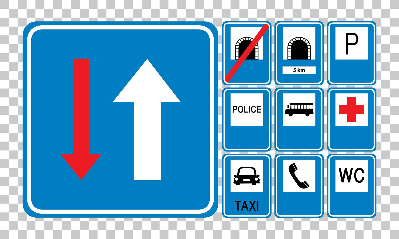 Set of blue road signs isolated on transparent background vector