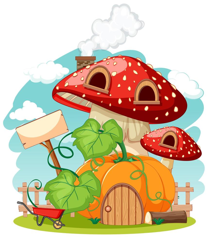 Pumpkin and mushroom house cartoon style on sky background vector