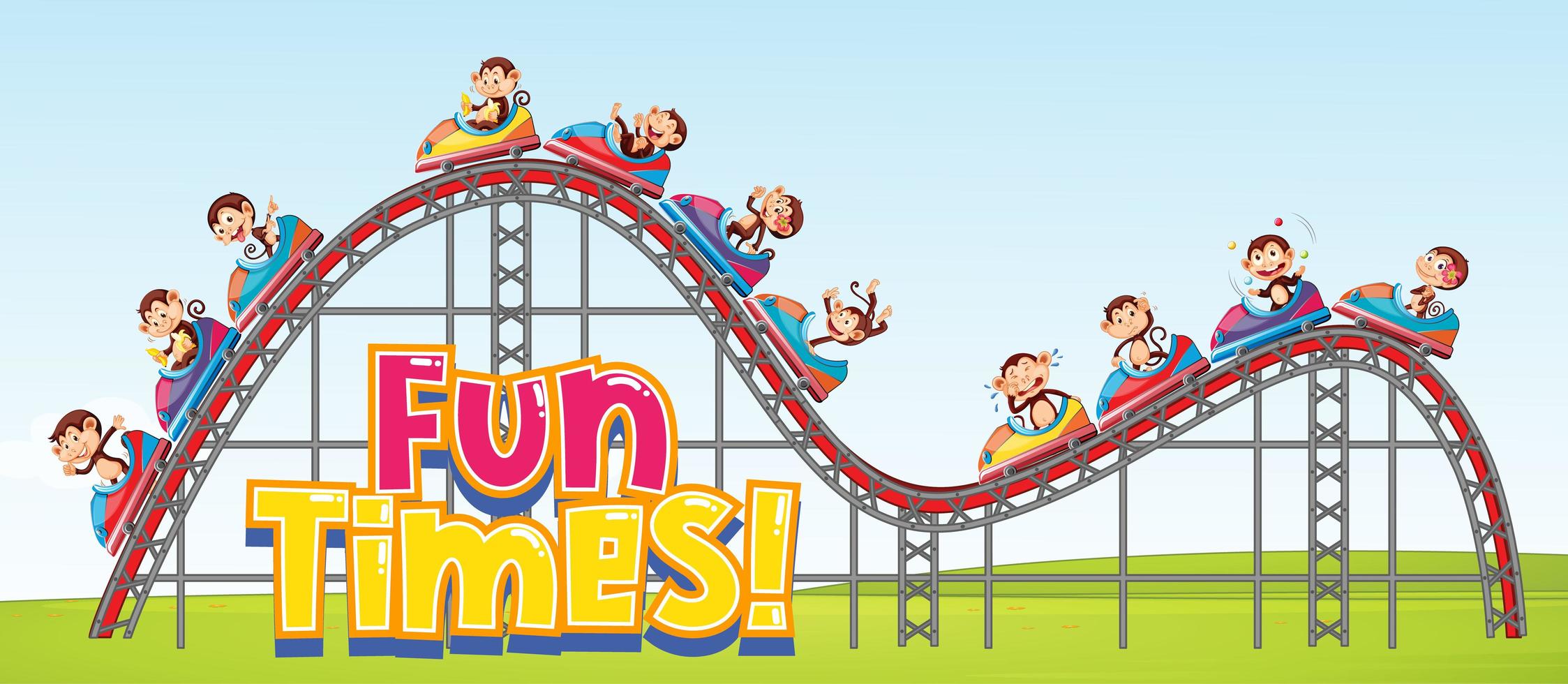 Scene with happy monkeys riding on roller coaster vector