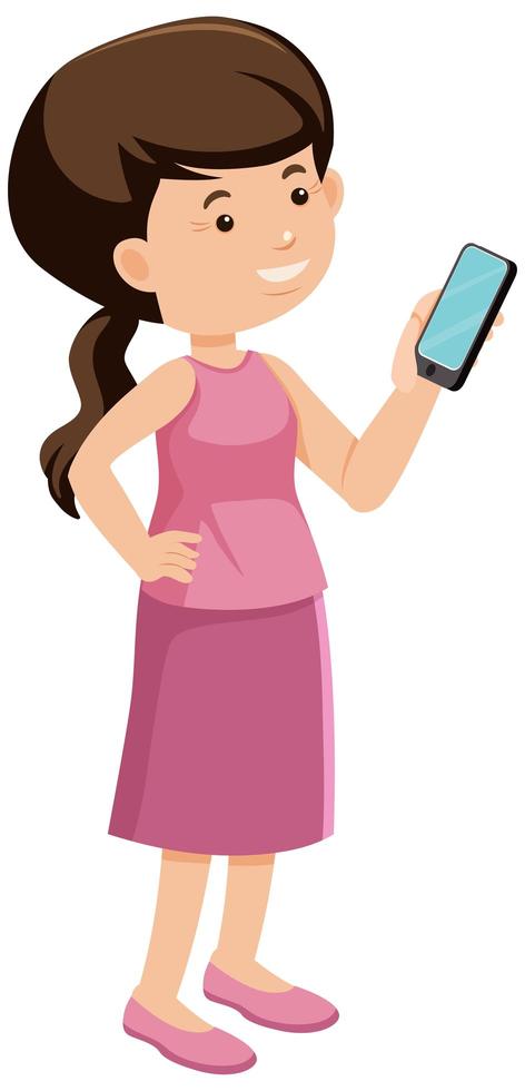 chica en vestido rosa sosteniendo teléfono vector