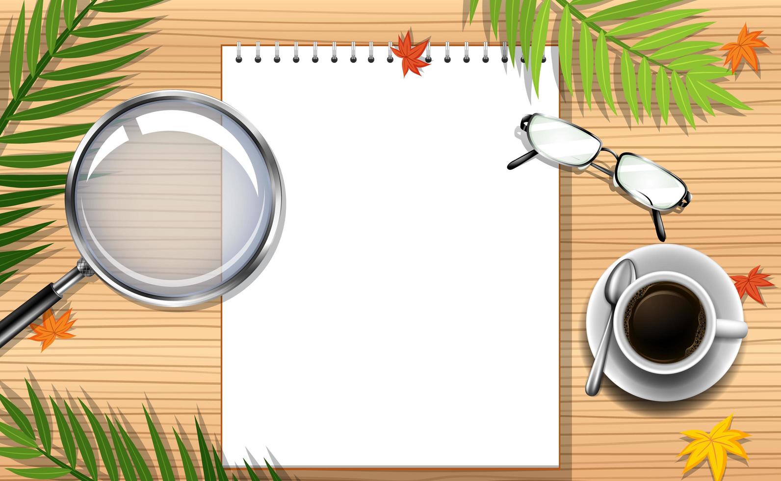 Top view office work table with office elements with green leaves vector