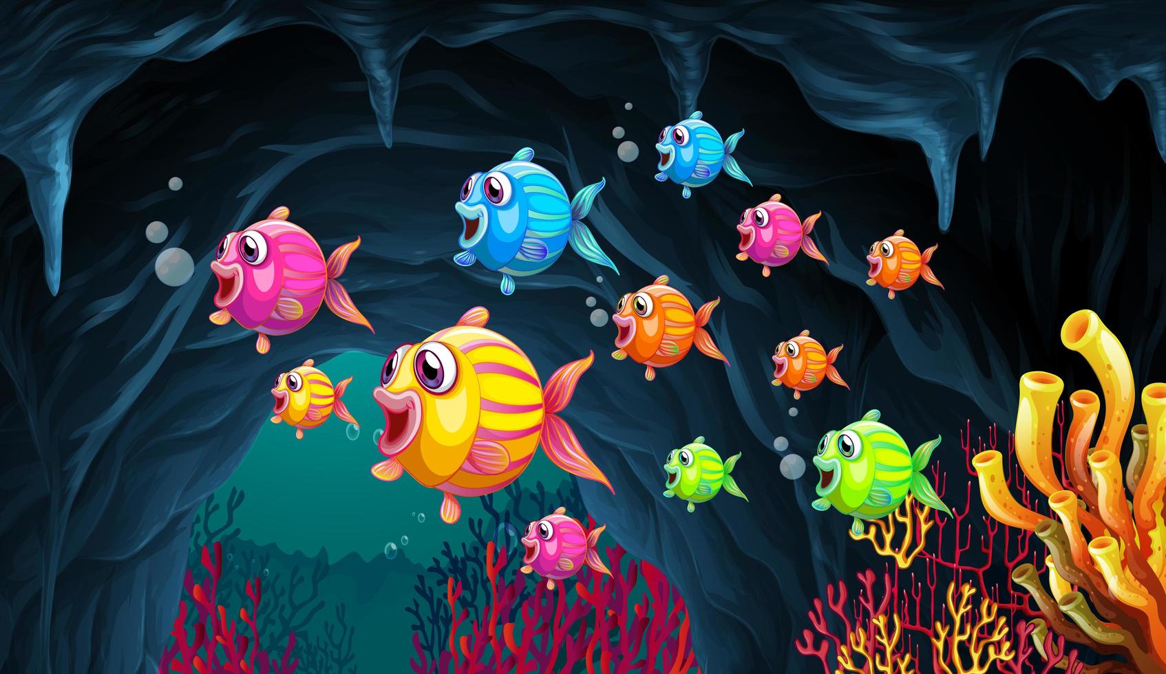 Many exotic fishes cartoon character in the underwater background vector