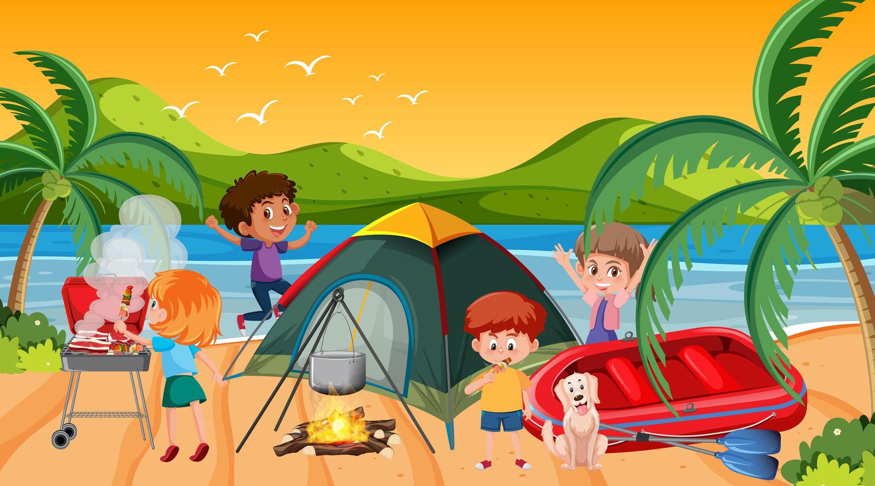 Picnic scene with happy family at the beach vector