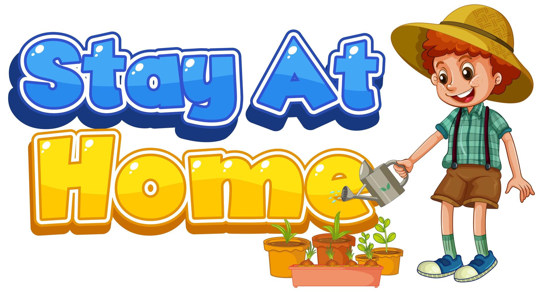 Font design for words stay at home with boy watering plant vector