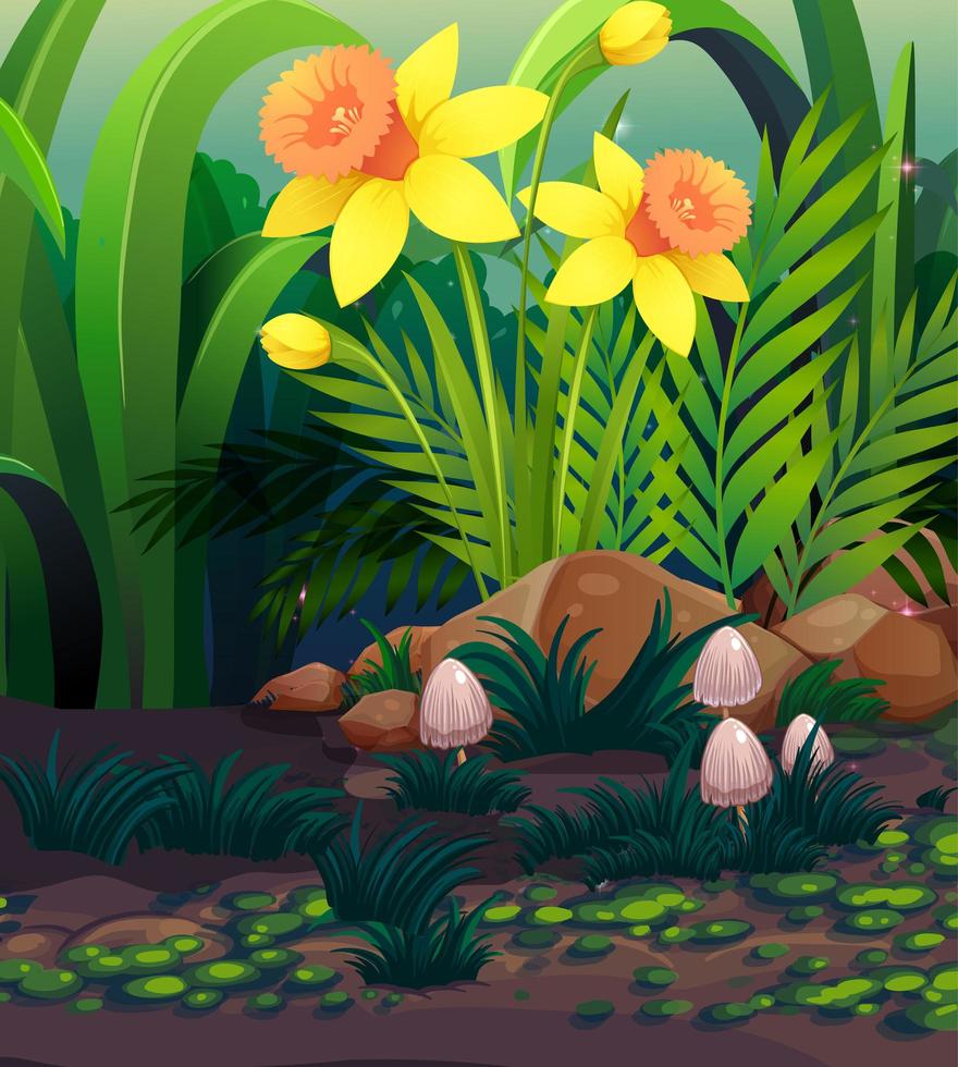 Escena de la naturaleza con flores de narciso amarillo en el jardín vector