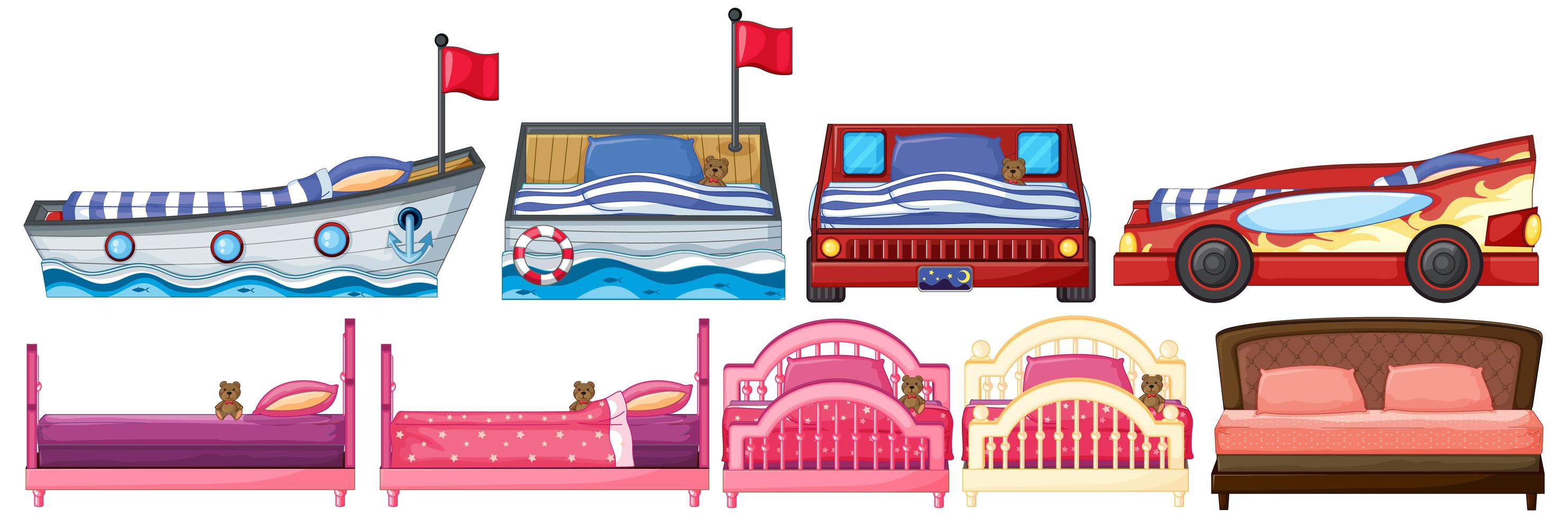 Set of bed in different shapes and designs vector