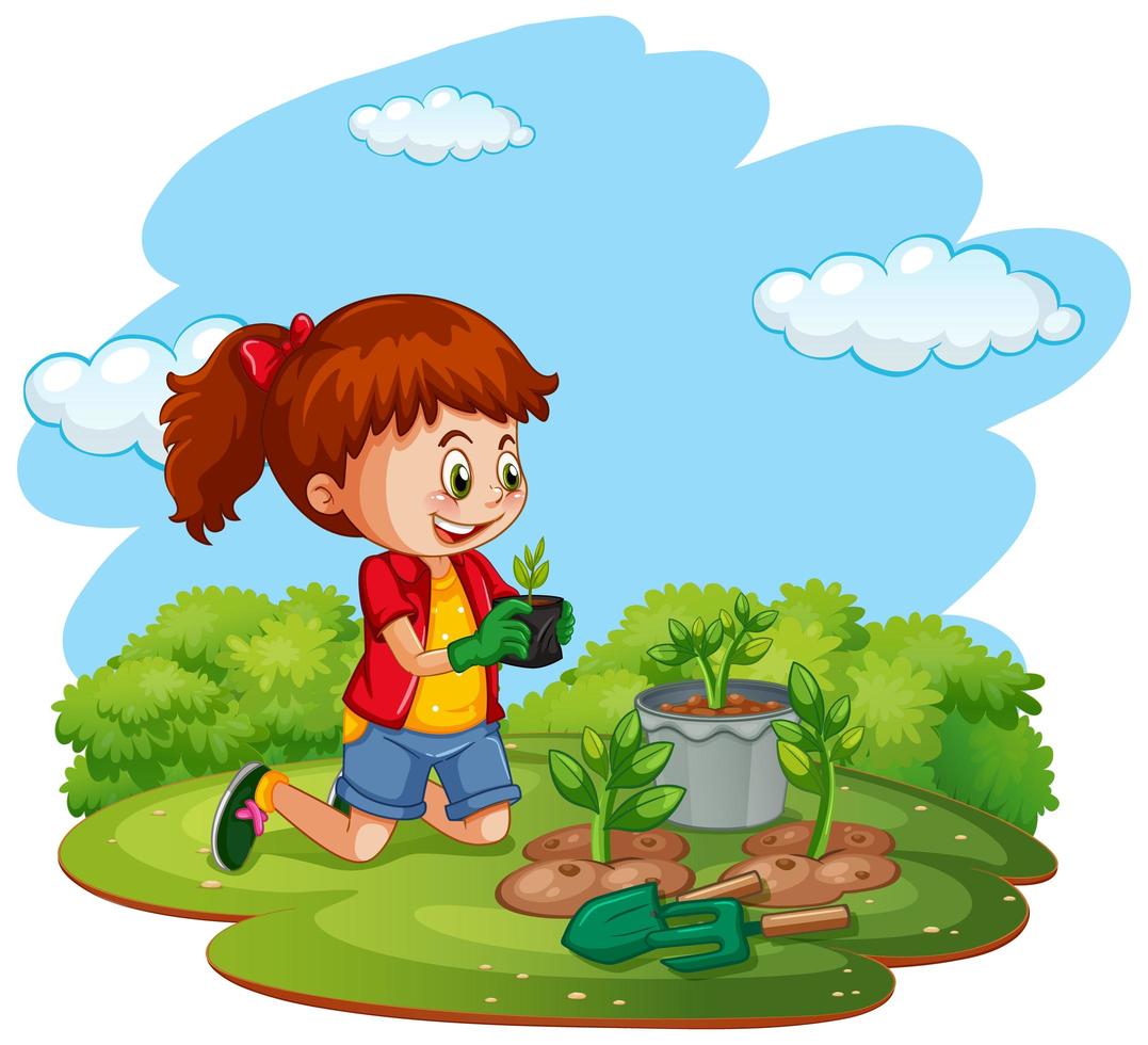 escena con niño plantando árboles en el jardín. vector