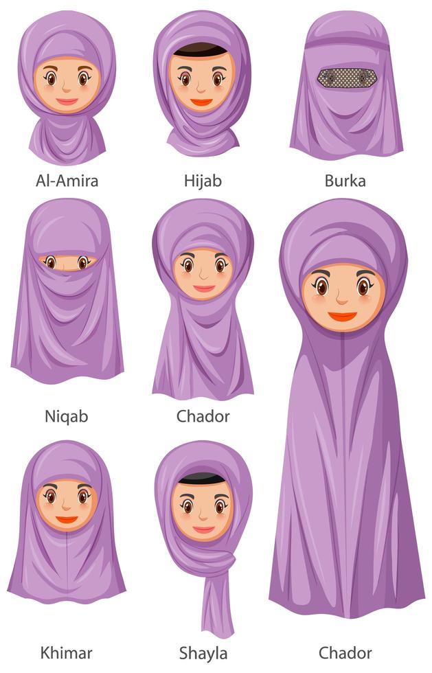 tipos de velos tradicionales islámicos de mujer en estilo de dibujos animados vector