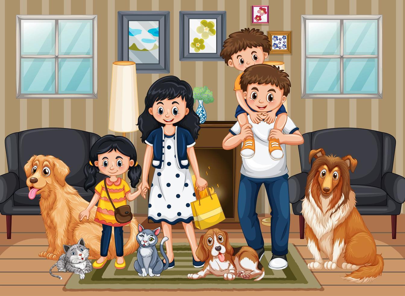 Scene with people staying at home with family vector