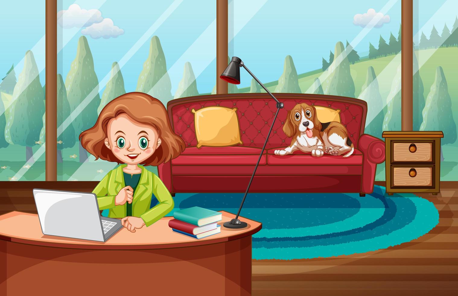 Scene with woman working on computer at home vector
