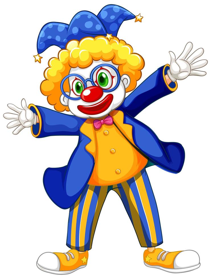 Funny clown wearing blue jacket and glasses vector