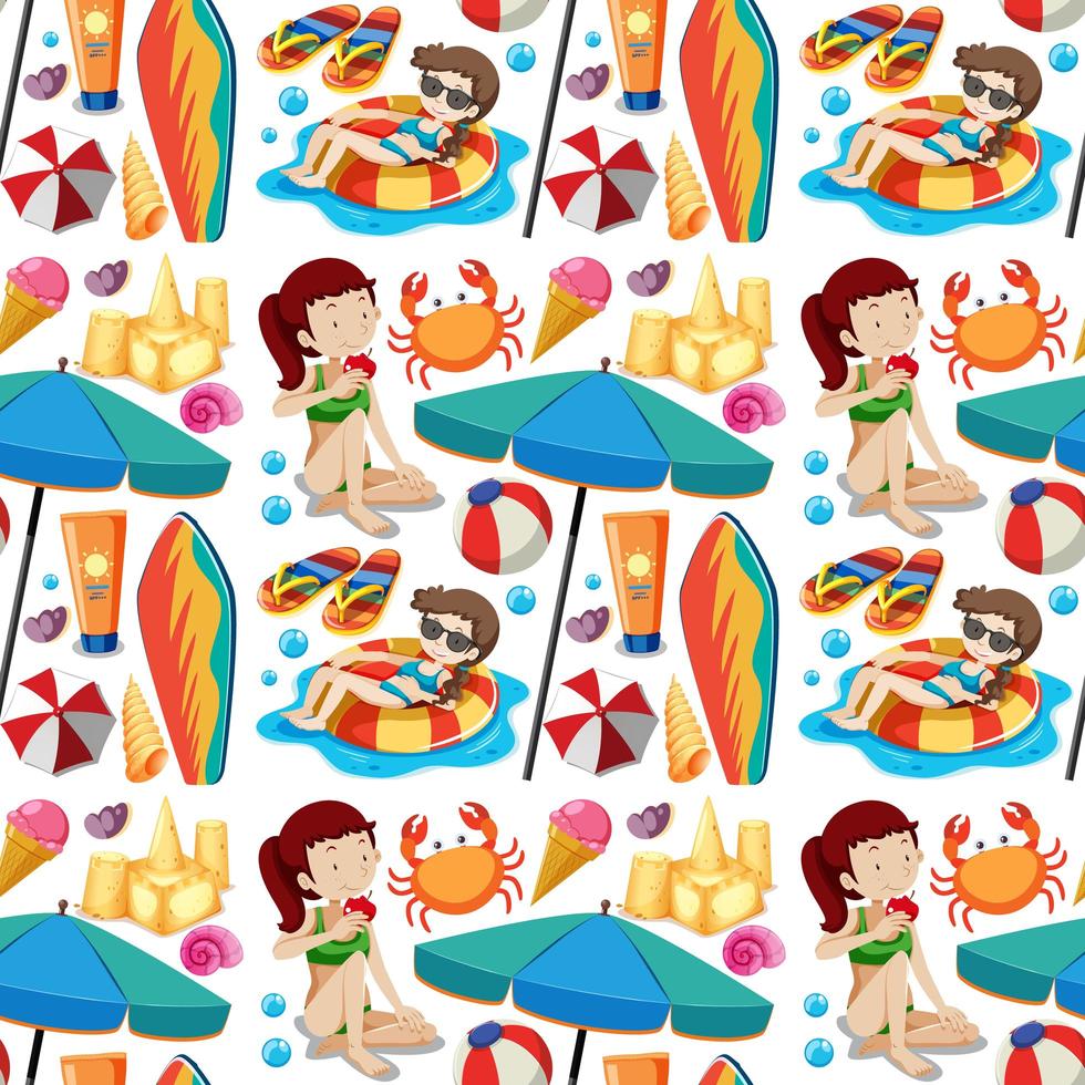 Seamless summer beach icon and kids cartoon style on white background ...