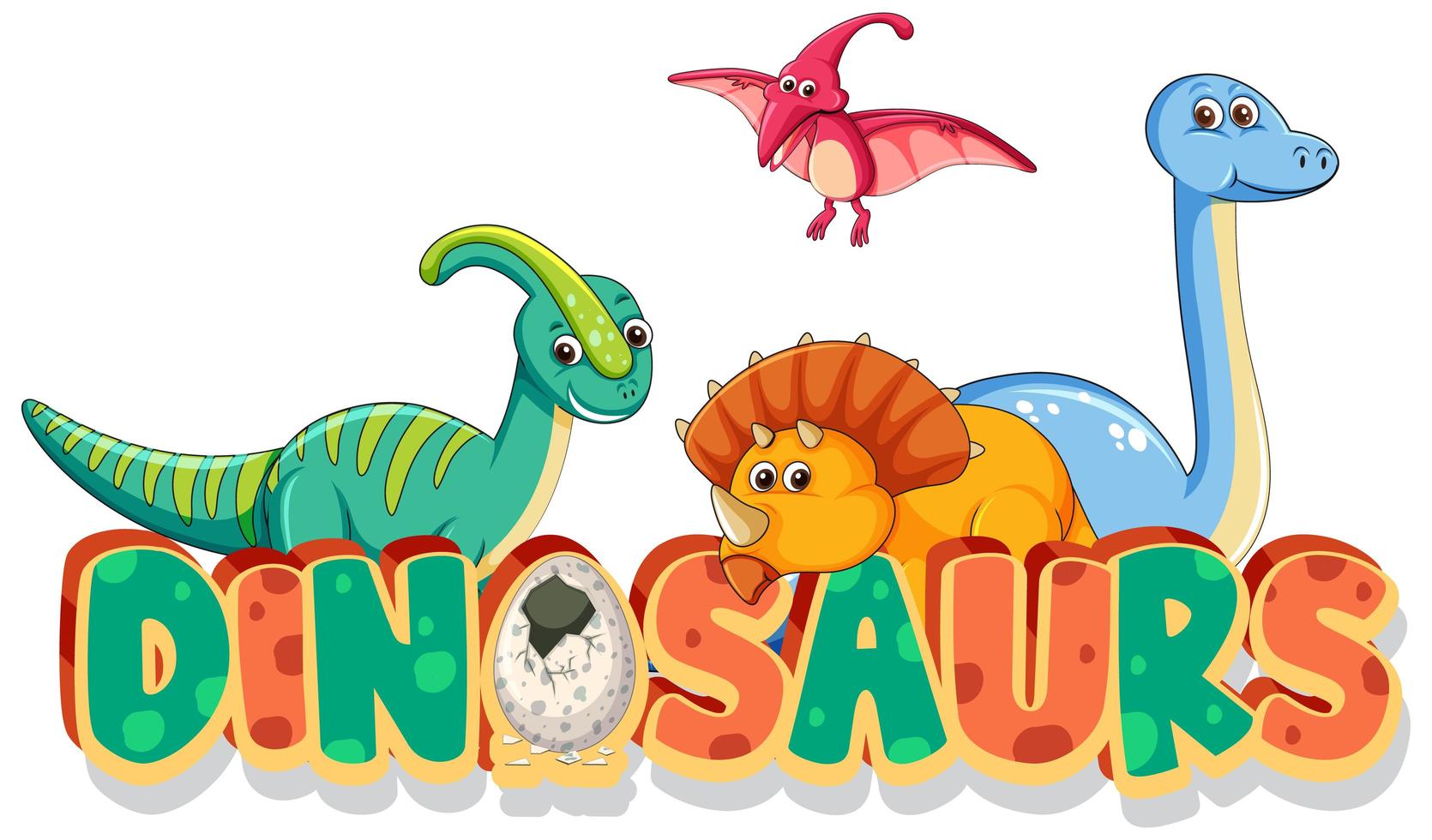 Diseño de fuente para dinosaurios de palabra con muchos tipos de dinosaurios sobre fondo blanco. vector
