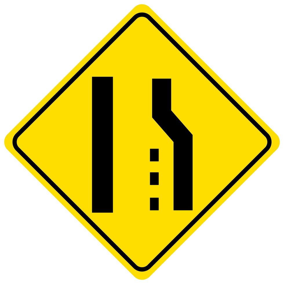 Lane reduction right lane ends yellow sign on white background vector