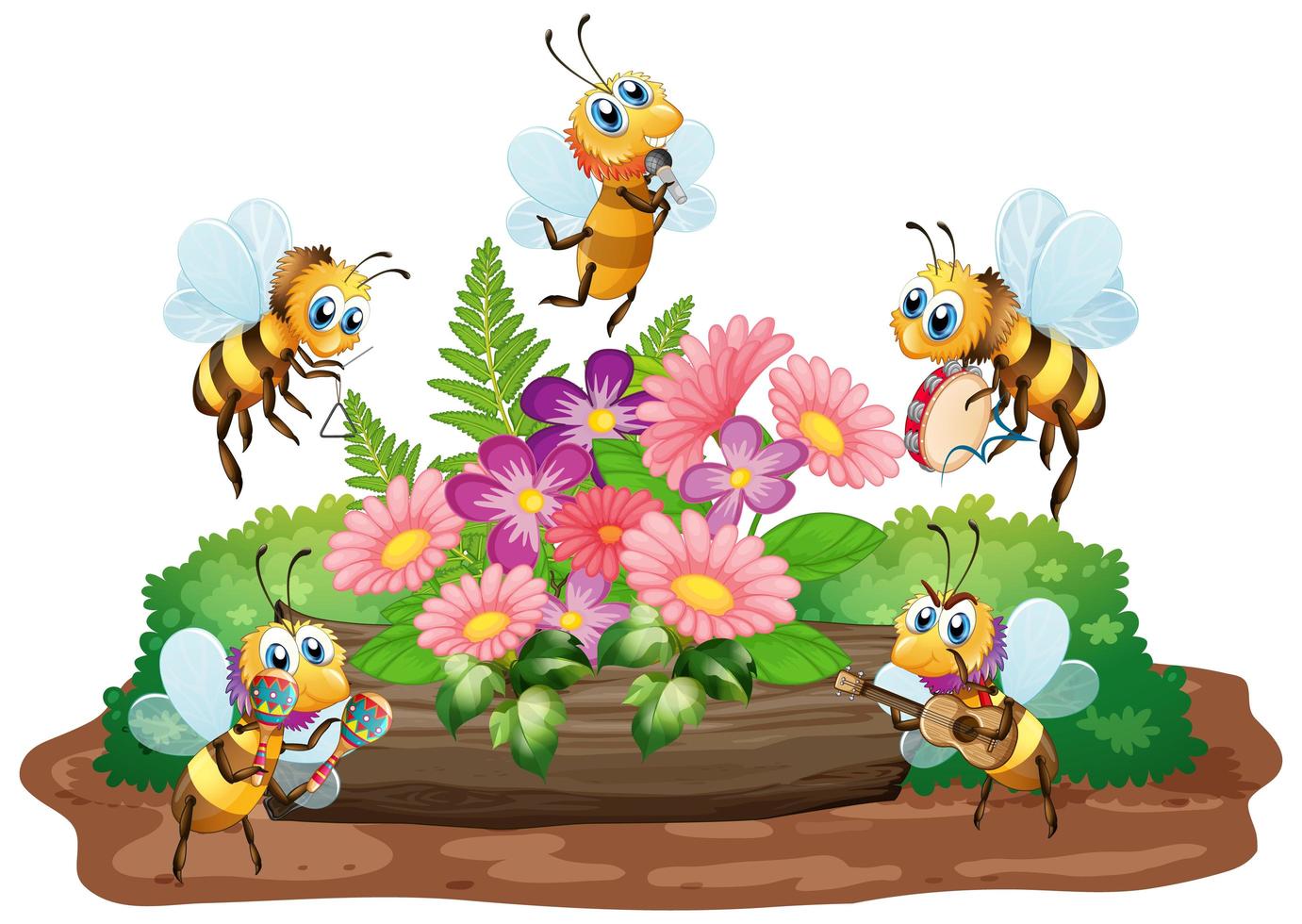 Escena de jardín con muchas abejas volando sobre fondo blanco. vector