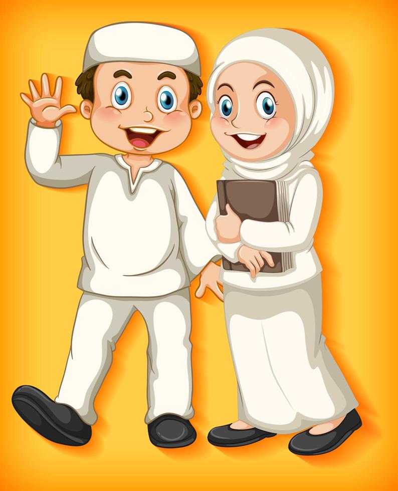 Happy muslim couple on yellow vector