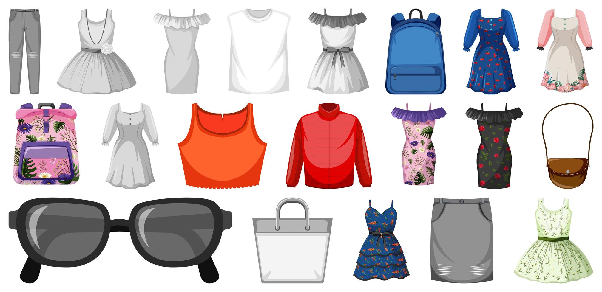 conjunto de trajes y accesorios femeninos. vector