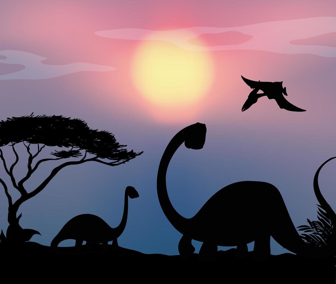 siluetas de dinosaurios al atardecer vector