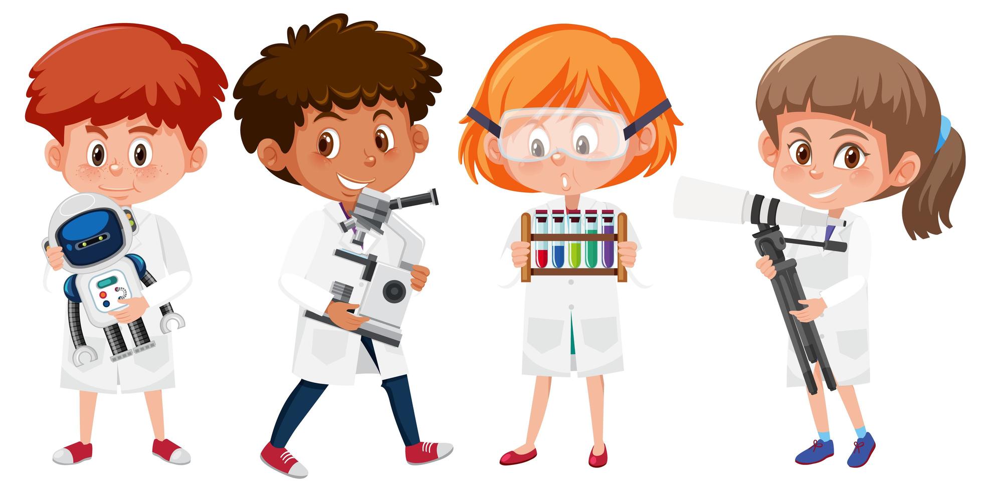 Conjunto de niños en batas de laboratorio científico sosteniendo objetos científicos vector