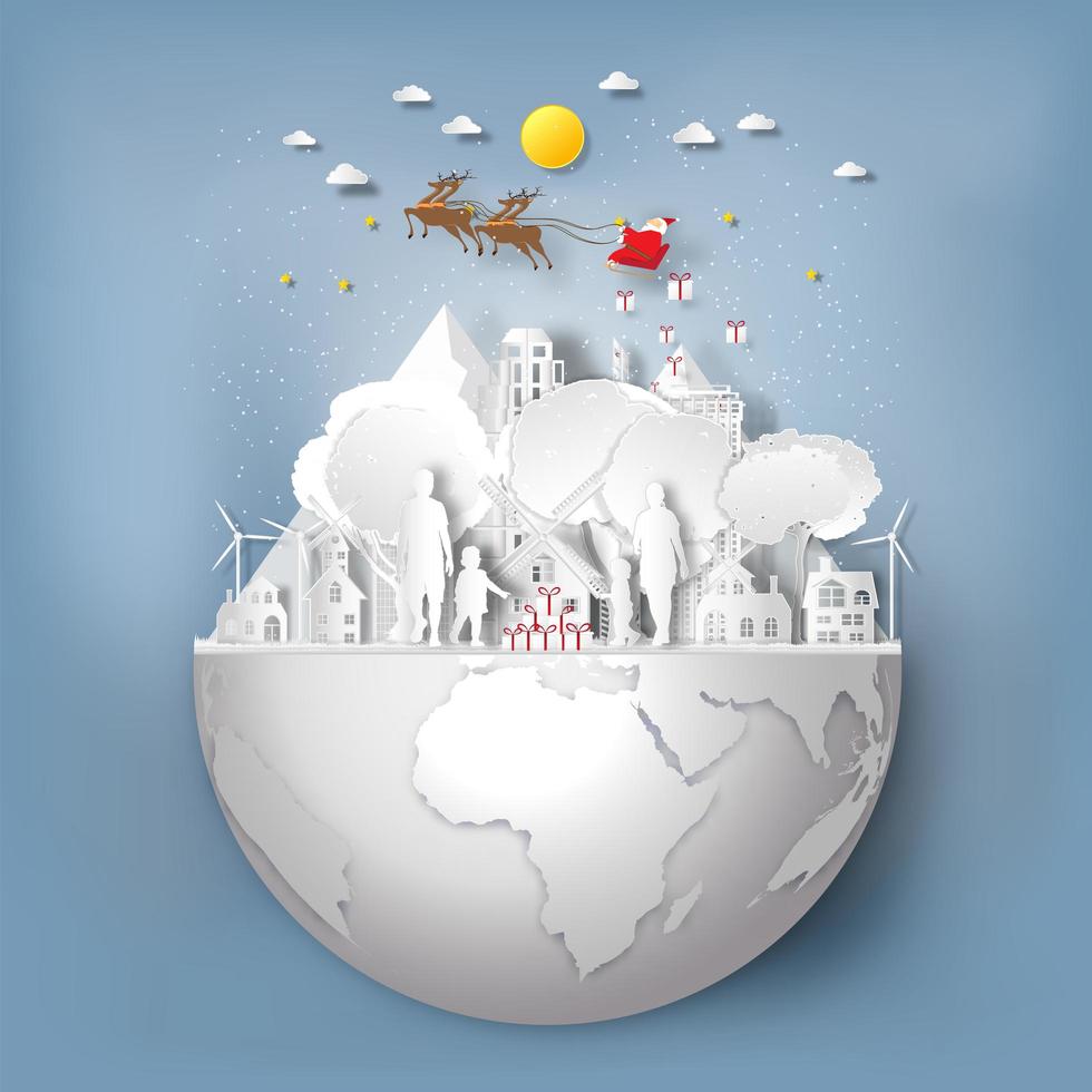 Santa Claus and sleigh with family party on half globe vector