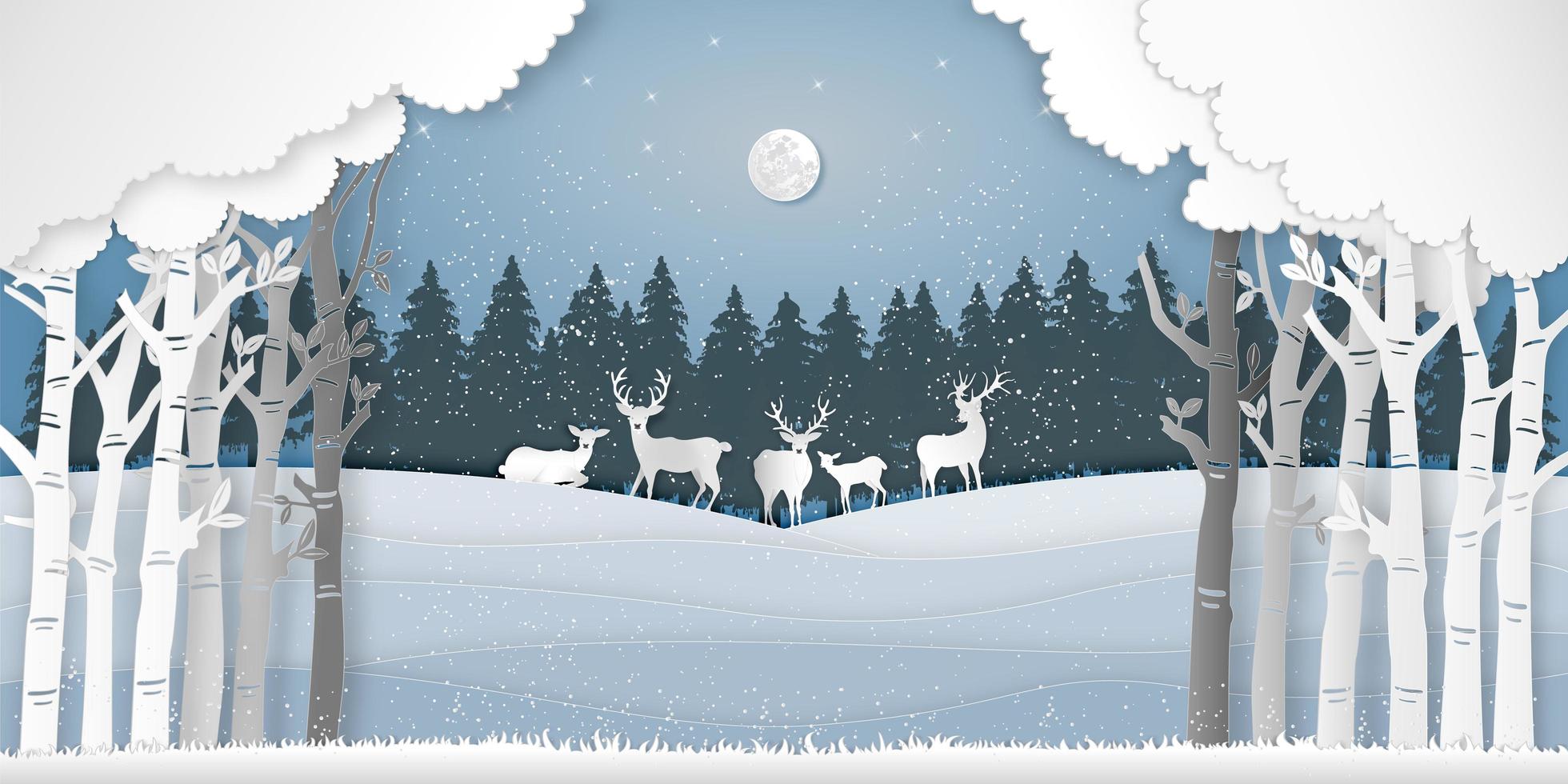 Paper art style deers in winter forest scene vector
