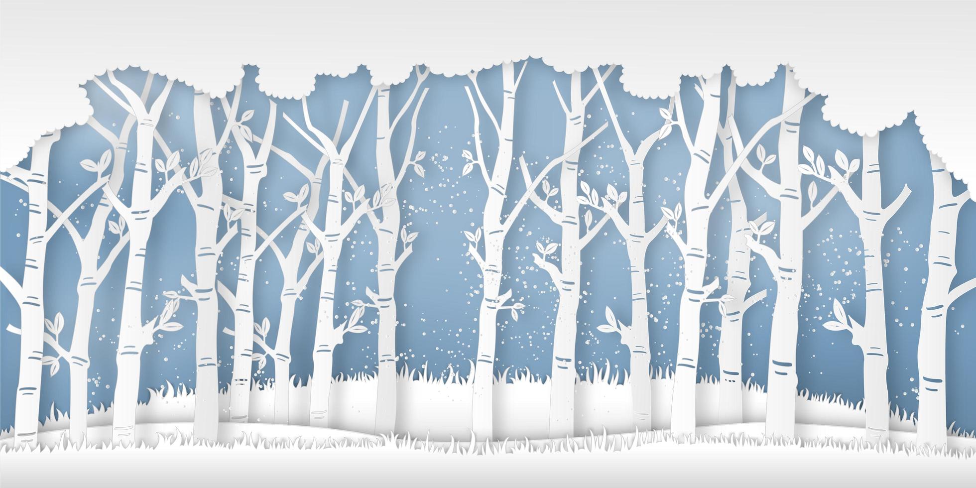 Escena de la temporada de invierno con papel cortado con árboles y nieve vector