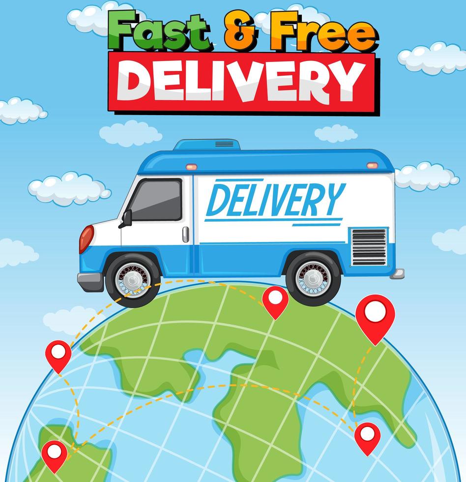 Logotipo de entrega rápida y gratuita con camión de reparto en la tierra. vector