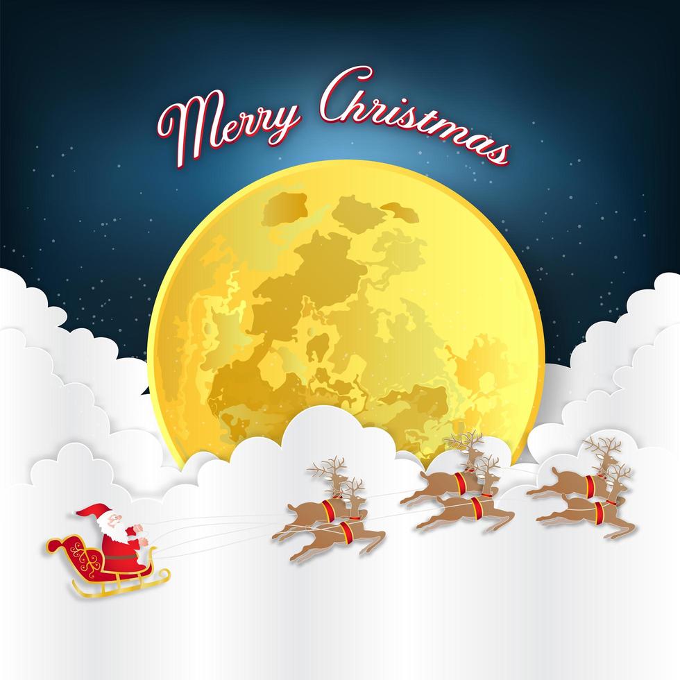 Paper art style Santa on sleigh in night sky vector