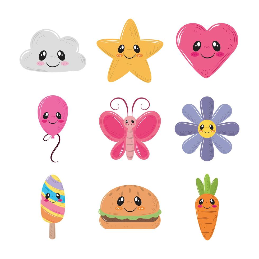 lindo set de pegatinas kawaii vector